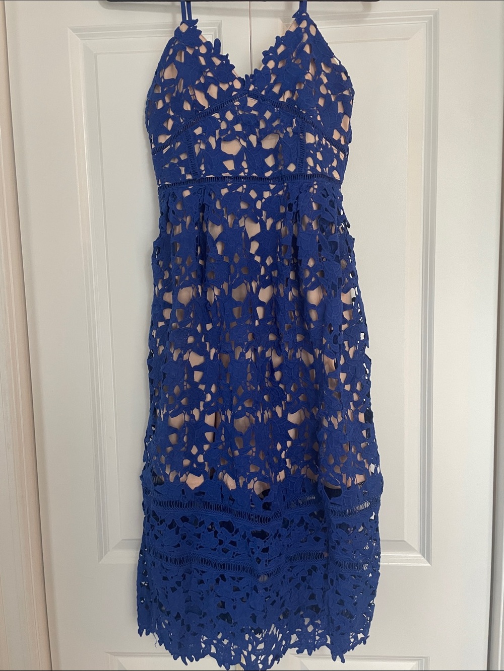 Womens Royal Blue Crochet Lace Dress - Spaghetti Strap